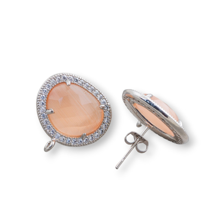 Ensembles de Boucles d'Oreilles Tige en Laiton Avec Cabochon Oeil de Chat Intégré Zircons Mangue 15x18mm 5 Paires Plaqué Rhodium