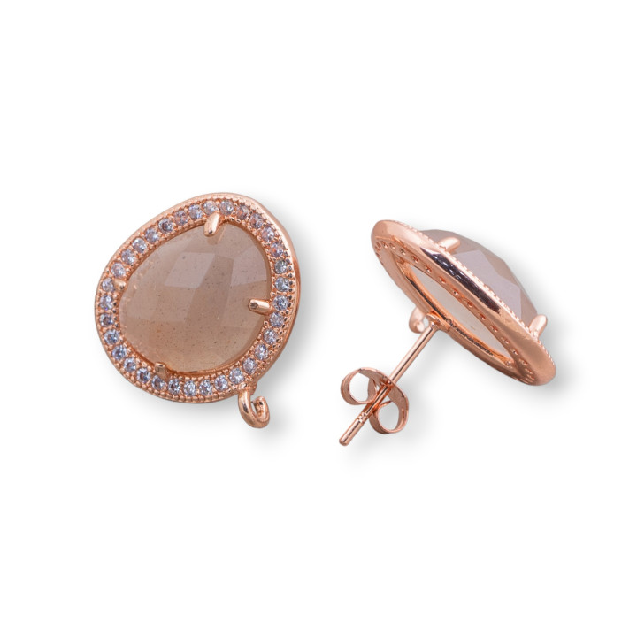 Brass Stud Earring Bases with Cabochon of Natural Semi-precious Stones and Mango Zircons 15x18mm 5 Pairs Rose Gold P