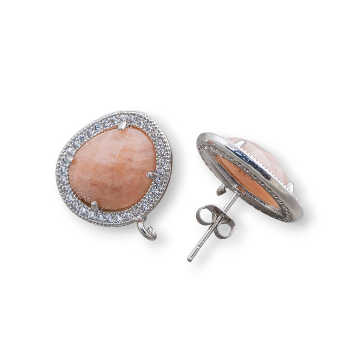 Messing-Ohrsteckerbasis mit natürlichem Edelstein-Cabochon-Set und Zirkonen Mango 15x18mm 5 Paar Rhodium Pi