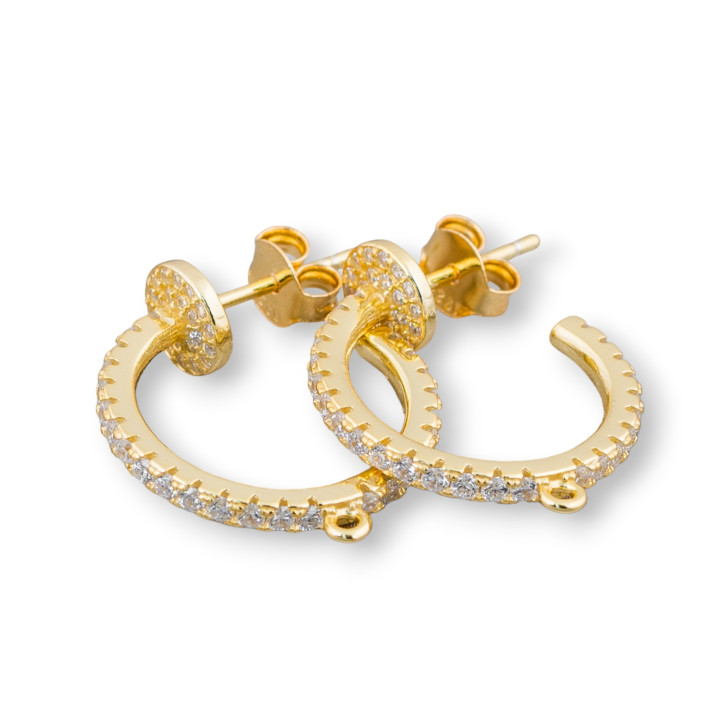 Base Per Orecchini Perno Di Argento 925 Con Zirconi Micropave' A Cerchio 6x18mm 2 Paia Dorato