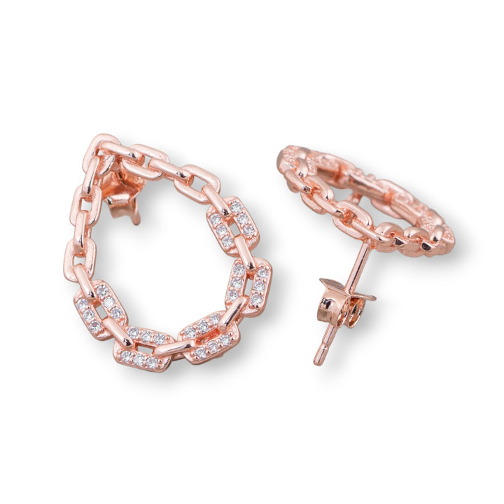 Base Per Orecchini Perno Di Argento 925 Con Zirconi Micropave' A Goccia Catena 16x22mm 2 Paia Oro Rosa