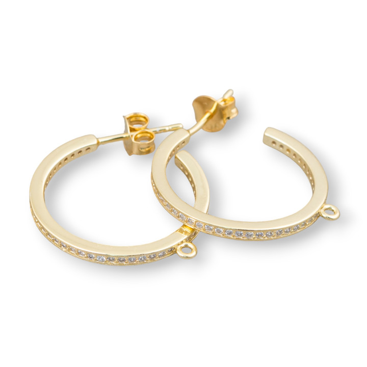 Base Per Orecchini Perno Di Argento 925 Con Zirconi Micropave' Cerchietto 22mm 2 Paia Dorato