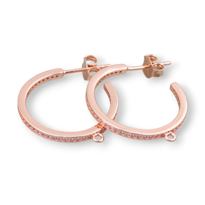 Base Per Orecchini Perno Di Argento 925 Con Zirconi Micropave' Cerchietto 22mm 2 Paia Oro Rosa