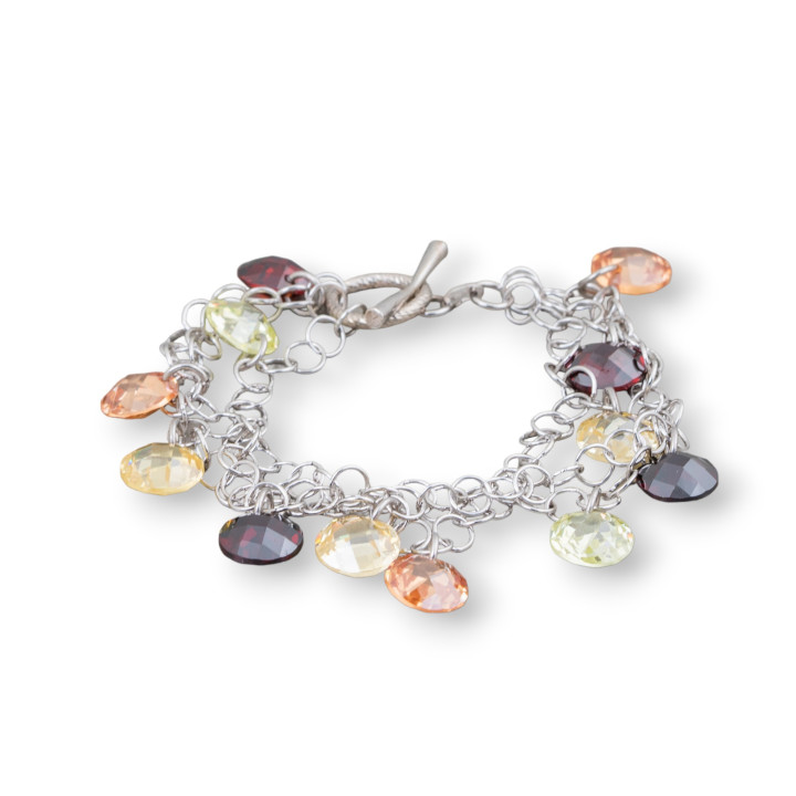 925 Silver Bracelet 3-strand Rhodium-plated Chain With Multicolor Zircon Pendants And 20mm AT Clasp