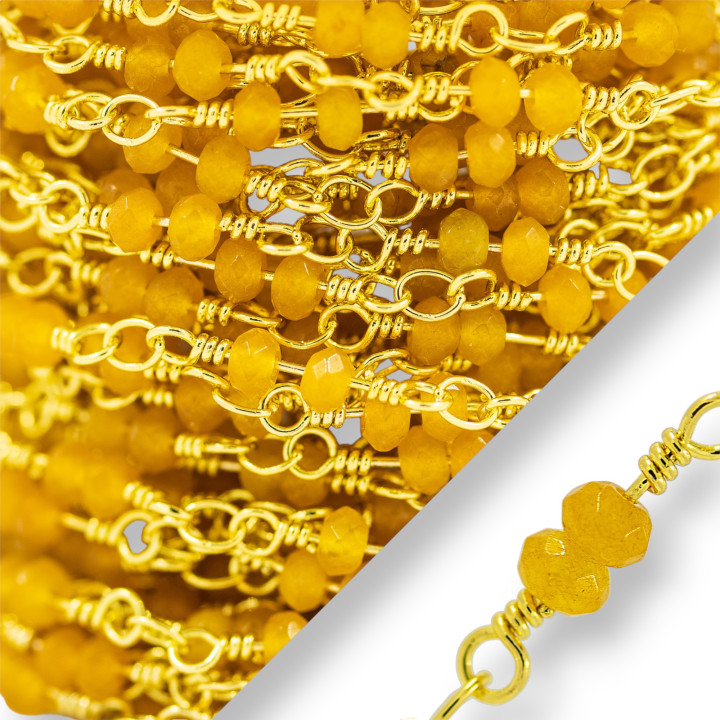 Rosenkranzkette mit Jade facettierte Rondelle 3,5 mm mit Goldschmiedeknoten 10 Meter Gelb