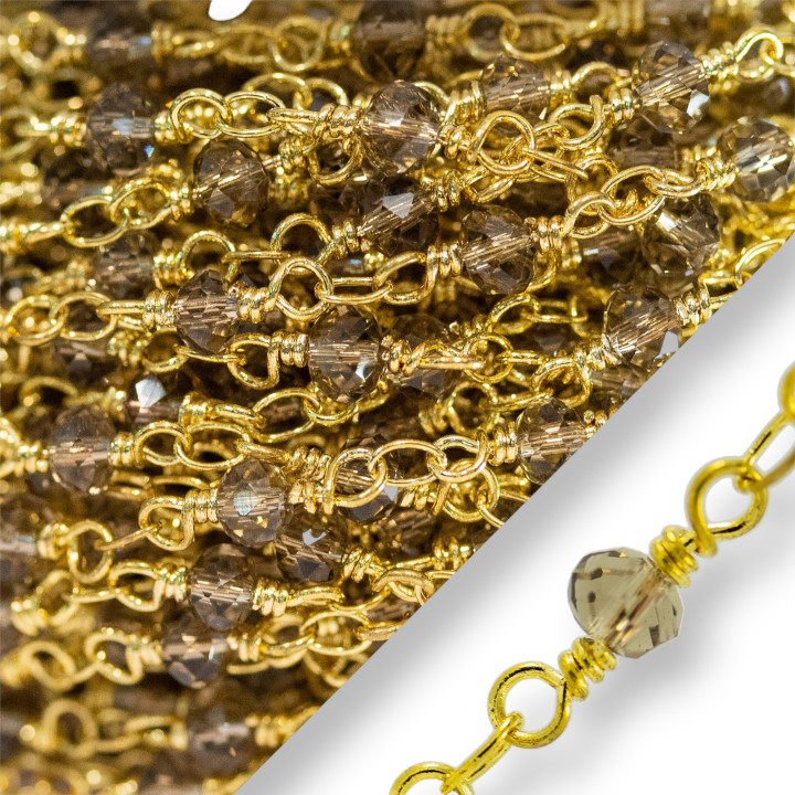 Brass Rosary Chain Crystals Faceted Washers 4x3mm With Goldsmith's Knot 10 Meters Smoked Golden