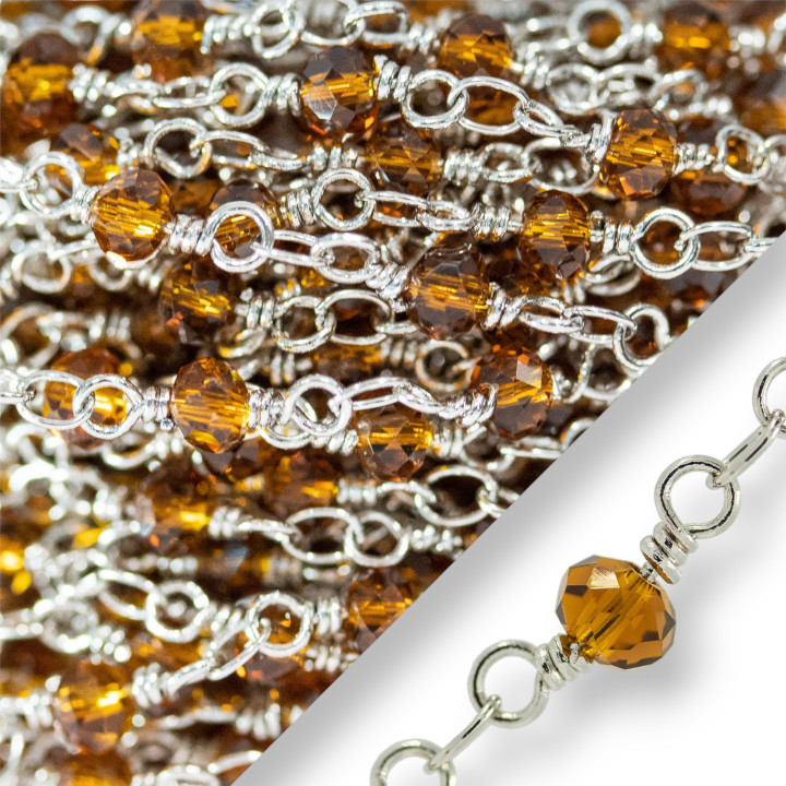 Catena Rosario Di Ottone Cristalli Rondelle Sfaccettate 4x3mm Con Nodo Orafo 10 Metri Rodiato Marrone