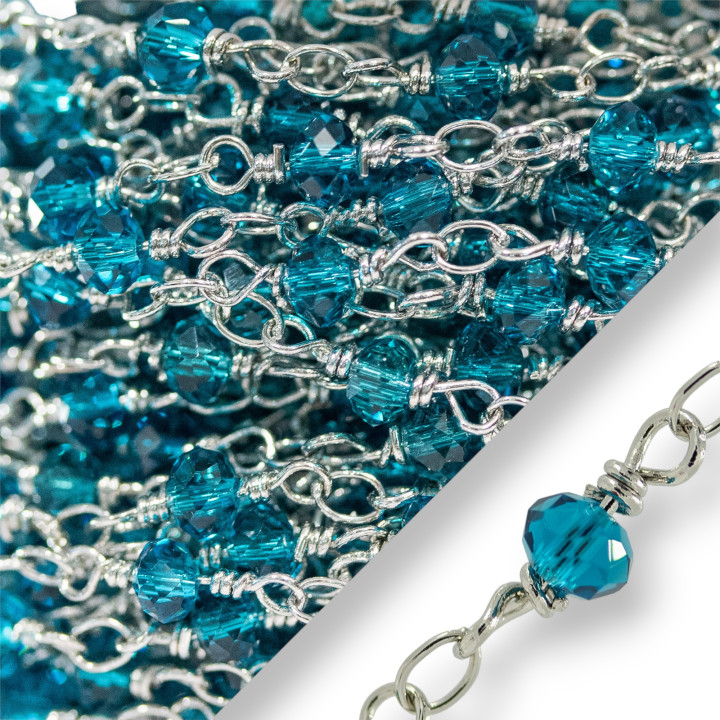 Brass Rosary Chain Crystals Faceted Washers 4x3mm With Goldsmith's Knot 10 Meters Rhodium-plated Petrol