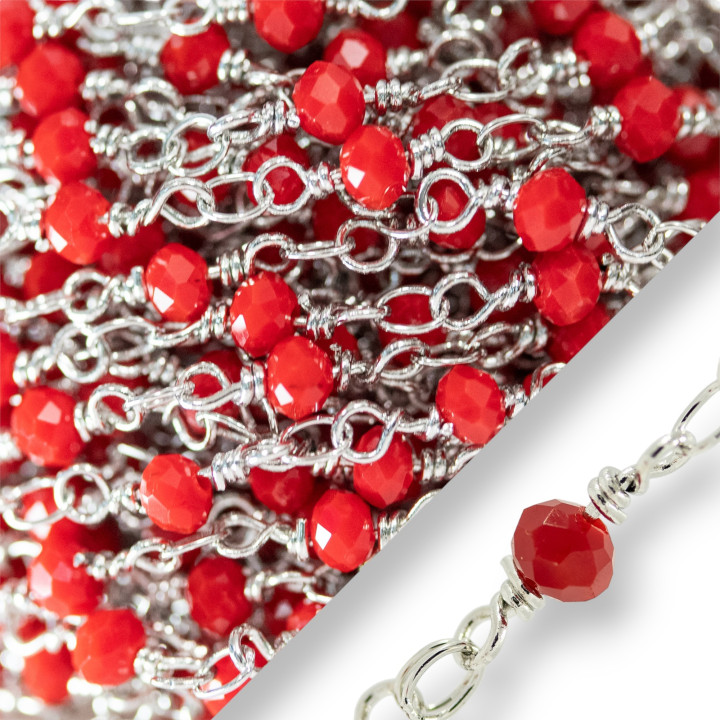 Chapelet Chaîne De Cristaux Rondelle Facette 4x3mm Avec Noeud Orfèvre 10 Mètres Plein Rhodium Rouge