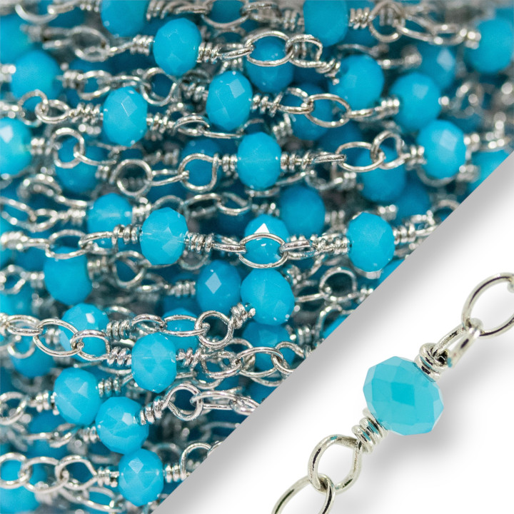 Brass Rosary Chain Crystals Faceted Washers 4x3mm With Goldsmith's Knot 10 Meters Rhodium Plated Turquoise