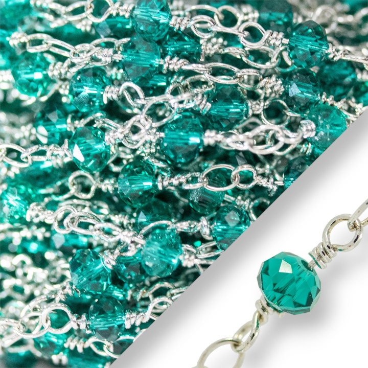 Brass Rosary Chain Crystals Faceted Washers 4x3mm With Goldsmith's Knot 10 Meters Green Rhodium Plated