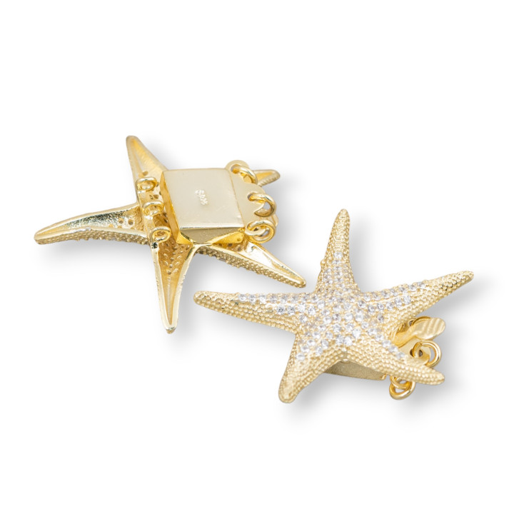 925 Silver Clasp With Multistrand Micropave Zircons Starfish 30mm 1pc Golden
