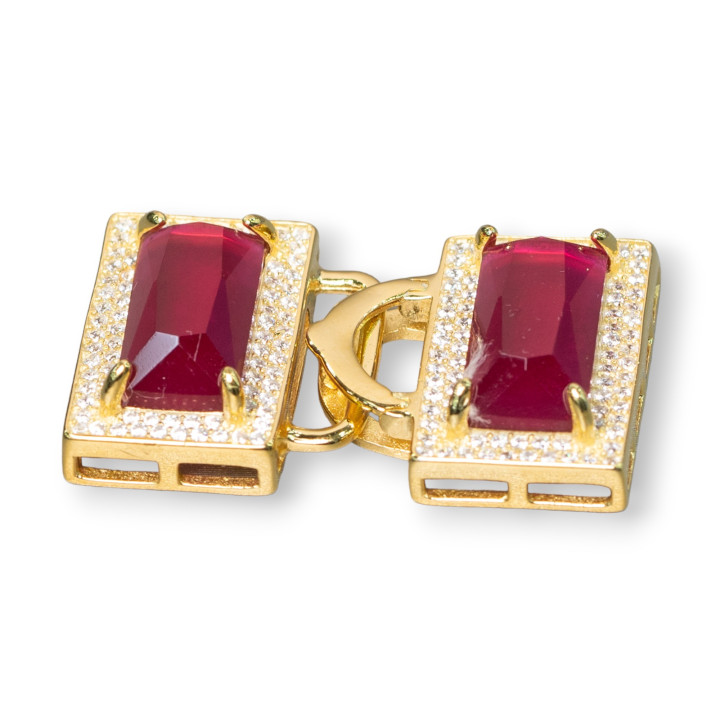 Fermoir multi-rangs en argent sterling 925 avec zircons et topaze rectangle CZ 19x30mm rubis doré 1Pc