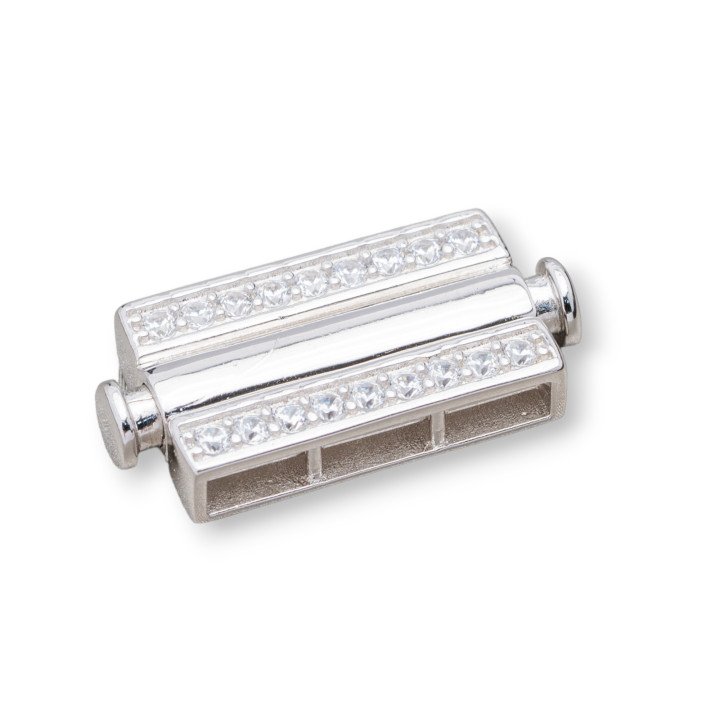 925 Silver Multistrand Clasp With Zircons With Button Mechanism 12.5x25mm 1pc Rhodium Plated