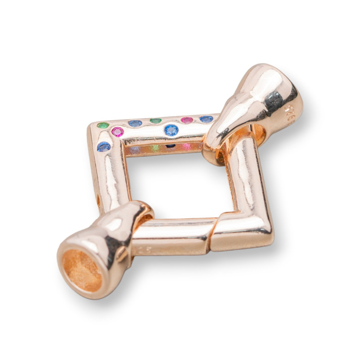 Chiusura Di Argento 925 Rombo A Scatto 24x34mm Con Coppetta da 7mm Con Punti Luce 1pz Oro Rosa