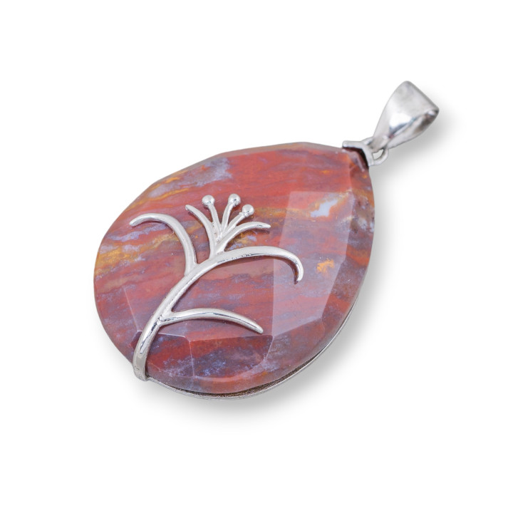 Pendentif Argent Massif 925 Et Pierres Dures Goutte Plate Facette 30x42mm Agate Indienne Rouge