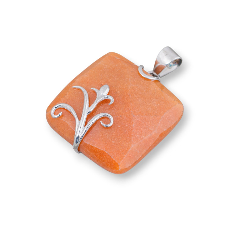 Pendant of 925 Silver and Semiprecious Stones Flat Square Faceted 30mm Mod2 Red Aventurine (Eosite)