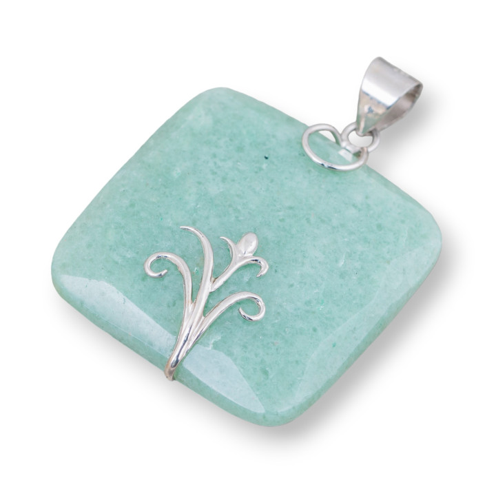 Pendentif Argent Massif 925 Et Pierres Dures Carré Plat Facette 40mm Aventurine Verte