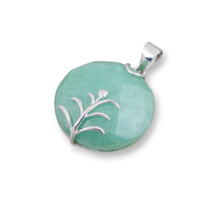 925 Silver and Semiprecious Stones Pendant Round Flat Faceted 30mm Green Aventurine