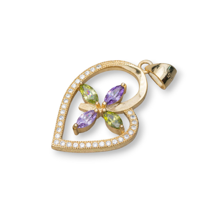 Colgante Colgante De Plata 925 Con Circonitas Corazon 16x30mm 2pcs Dorado