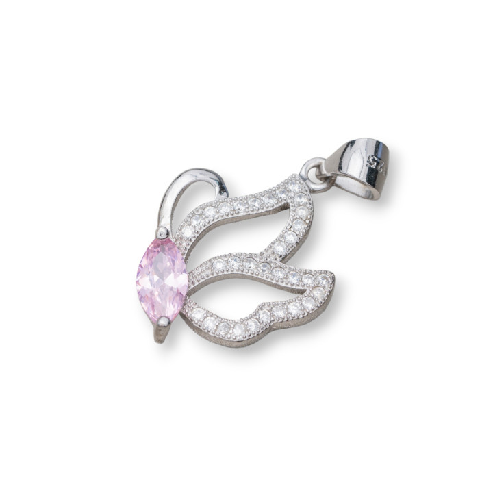Ciondolo Pendente Di Argento 925 Con Zirconi Farfalla 15x26mm 3pz Rodiato Rosa