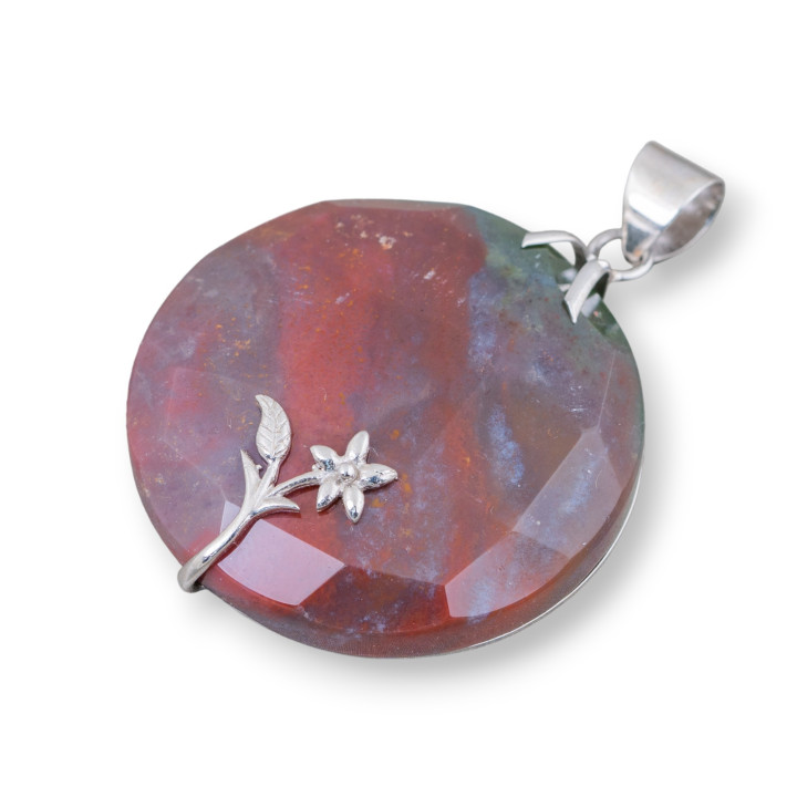 Anhänger aus 925er Sterlingsilber und harten Steinen, rund, flach, facettiert, 40 mm, Mod2