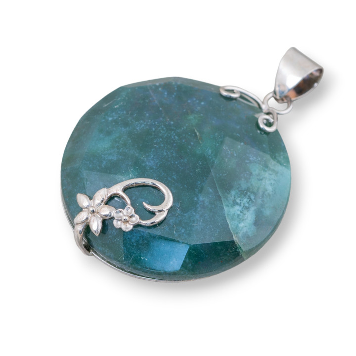 925 Silver and Semiprecious Stones Pendant Round Flat Faceted 40mm Mod3