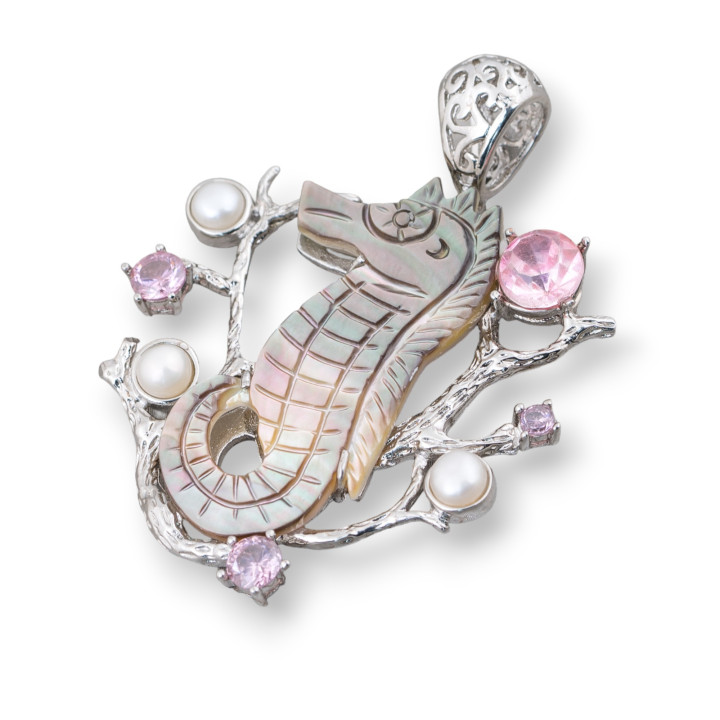 Pendentif Pendentif Laiton Hippocampe De Nacre Avec Zircons 44x55mm