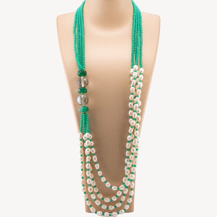 Collar De Perlas De Río Con Cristales Y Piedras Duras 4 Filas 80cm MOD2