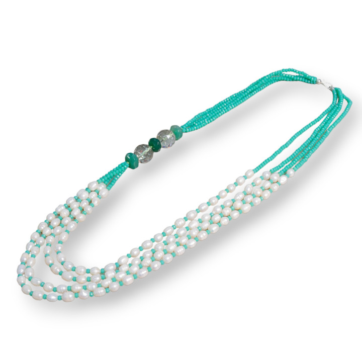 Collier de perles de rivière avec cristaux et pierres dures 4 rangs 80cm MOD3