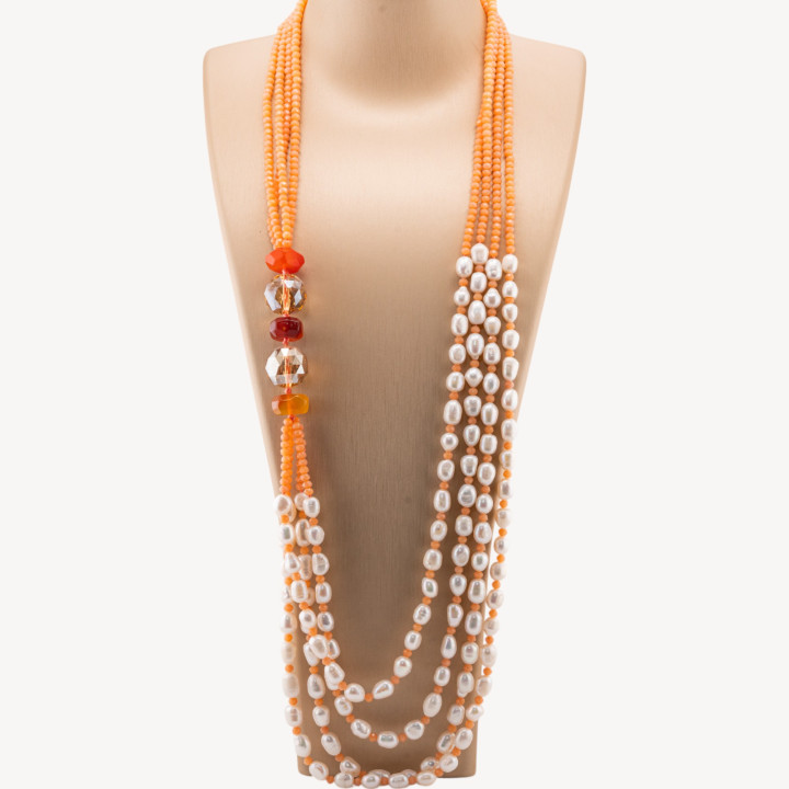 Collana Di Perle Di Fiume Con Cristalli E Pietre Dure 4 Fili 80cm MOD4