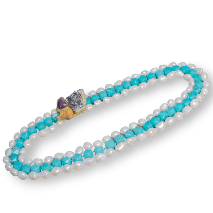 Collar De Piedras Preciosas Y Perlas De Río De 3 Hileras Con Centro De Piedras Doradas En Bruto 65cm