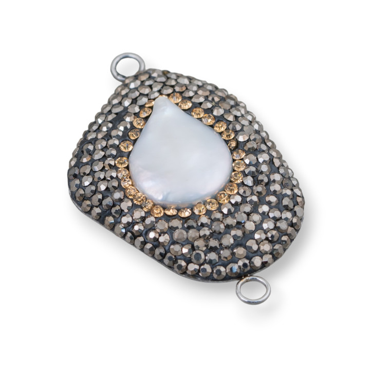 Cabochon Perles De Rivière Baroque Composant Avec Strass Et Laiton Forme Irrégulière 30x48mm 1pc
