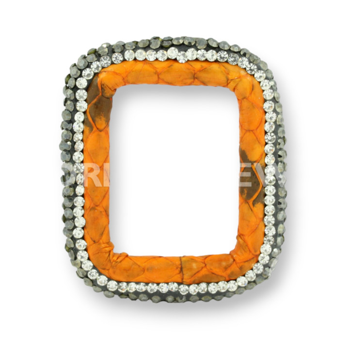 Component With Marcasite Rhinestones And Leather Perforated Rectangle 33x40mm 1pc Orange