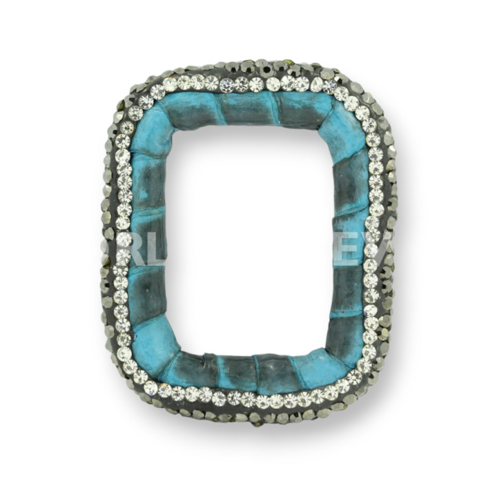 Component With Marcasite Rhinestones And Leather Perforated Rectangle 33x40mm 1pc Light Blue