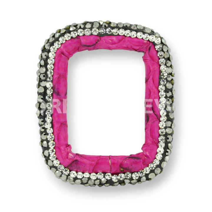 Componente Con Strass De Marcasita Y Cuero Rectangular Perforado 33x40mm 1ud Fucsia