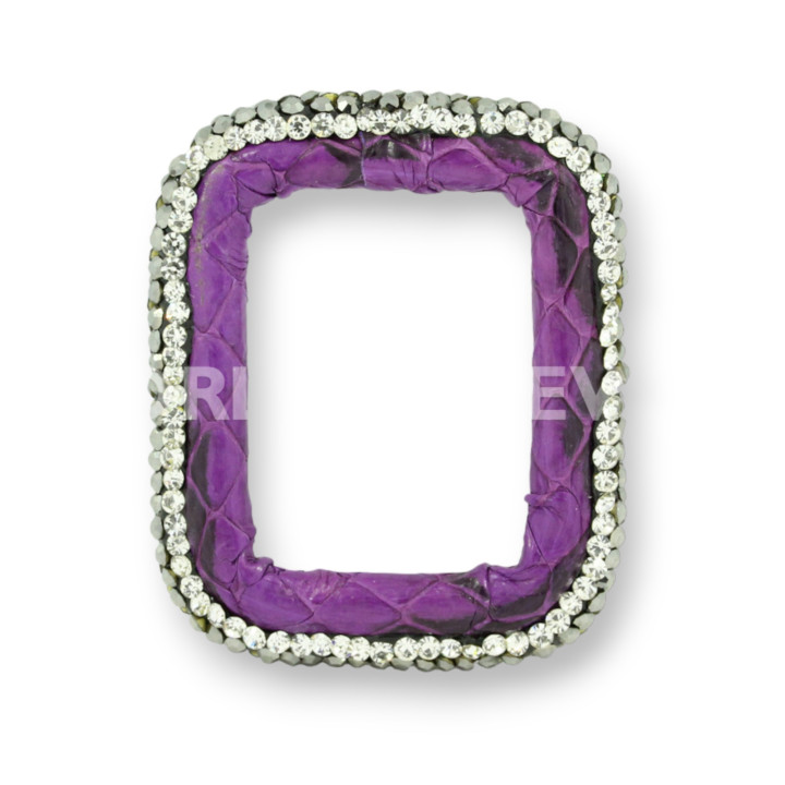 Component With Marcasite Rhinestones And Leather Perforated Rectangle 33x40mm 1pc Purple