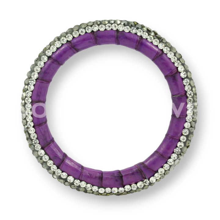 Composant Avec Marcassite Strass Et Rond Cuir Perforé 45mm 1pc Violet