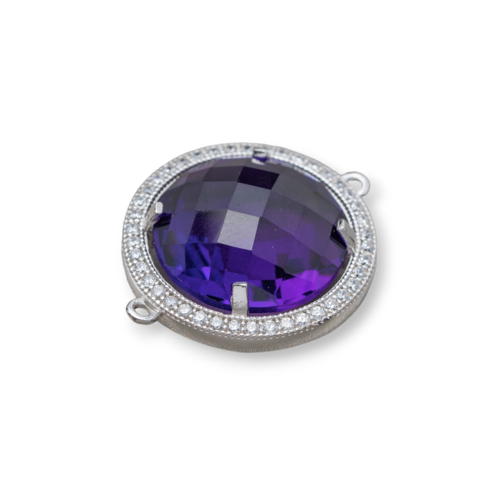 Komponentenverbinder aus 925er Silber mit Zirkonen und hydrothermalen Steinen, runder Kreis, 19 mm, 2 Stück, Amethyst, Rhodium