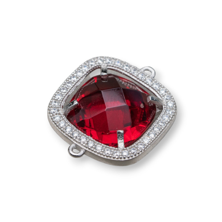 Connecteur Composant Argent 925 Avec Zircons Et Pierres Hydrothermales Carré 17mm Rhodium Rouge 2pcs