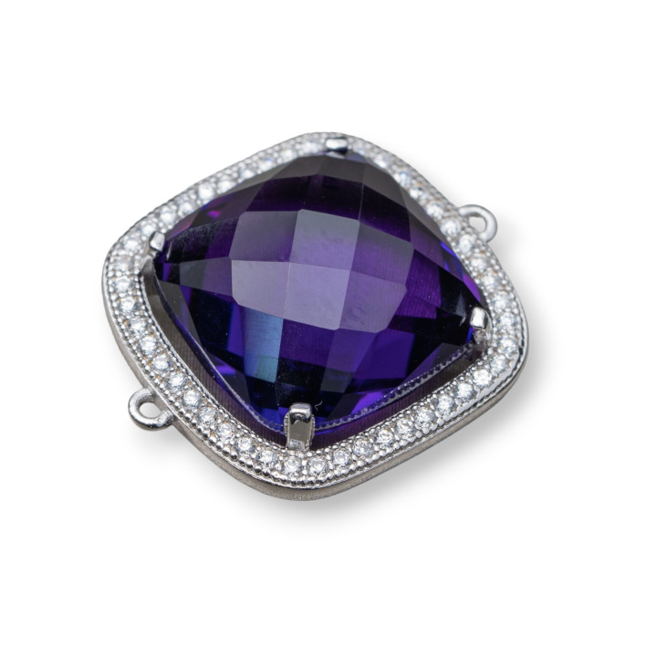 Connector Component Of 925 Silver With Zircons And Hydrothermal Stones Square 19mm 2pcs Amethyst Rhodium Plated