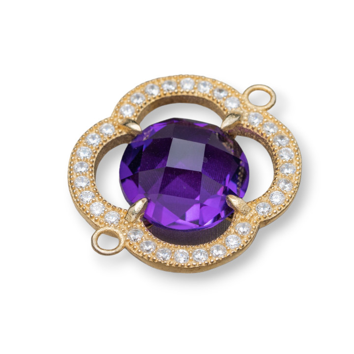 Connecteur Composant Argent 925 Avec Zircons Et Pierres Hydrothermales Trèfle À Quatre Feuilles 20mm Améthyste Dorée 2pcs