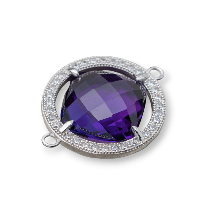Componente Connettore Di Argento 925 Con Zirconi E Pietre Idrotermali Tondo 21mm Ametista Rodiato 1pz
