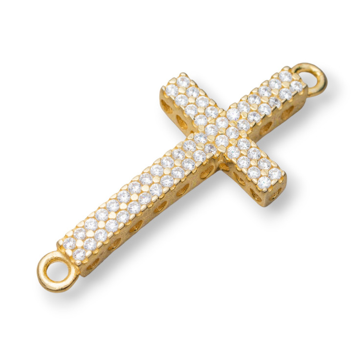 Connecteur de composants en argent 925 avec croix de zircons 18x42mm 2pcs doré