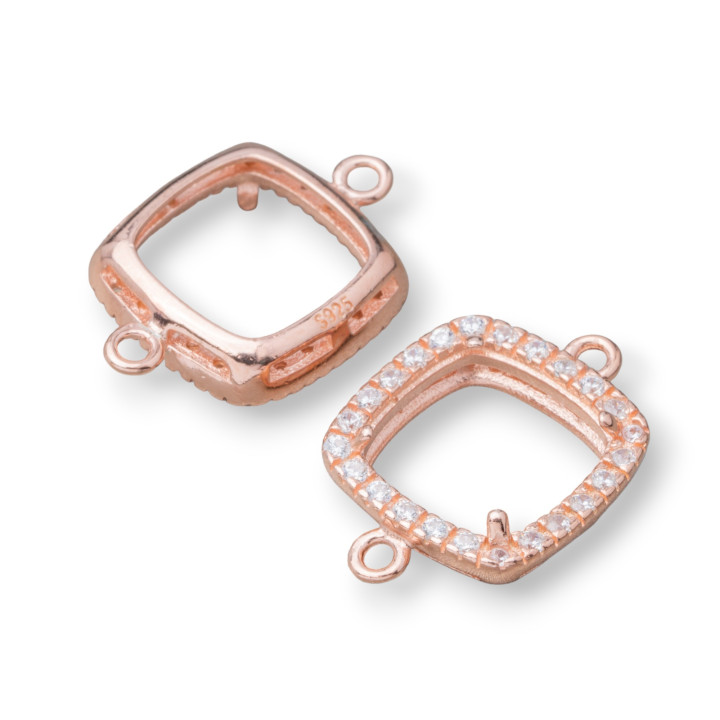 925 Ασημένιο Bezel Component Connector with Square Zircons 13mm Inside 9mm 6pcs Rose Gold