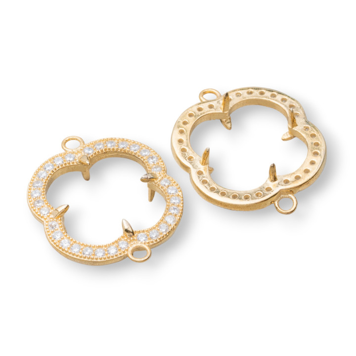 Componente Castone Di Argento 925 Connettore Con Zirconi Quadrifoglio 20mm Interno 12mm 2pz Dorato