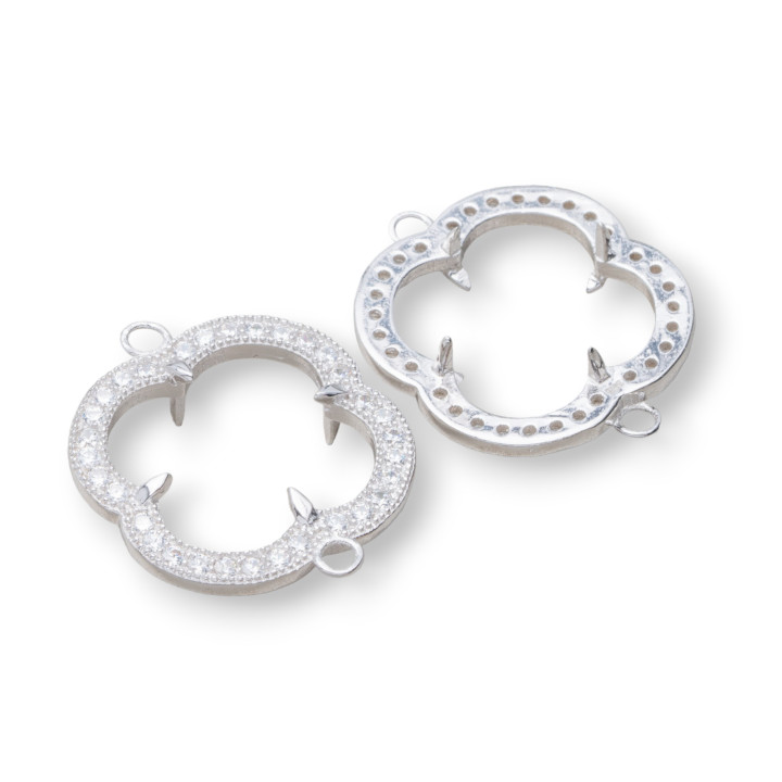 Componente Castone Di Argento 925 Connettore Con Zirconi Quadrifoglio 20mm Interno 12mm 2pz Rodiato