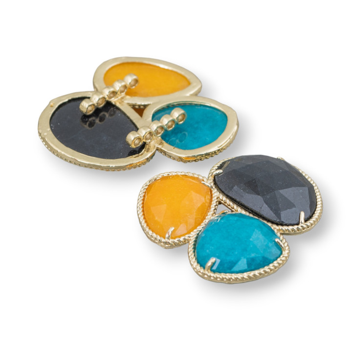 Componente Centrale Di Pietre Dure A 3 Pezzi Con Base Di Ottone 42x45mm 1pz Dorato Nero, Ottanio, Giallo