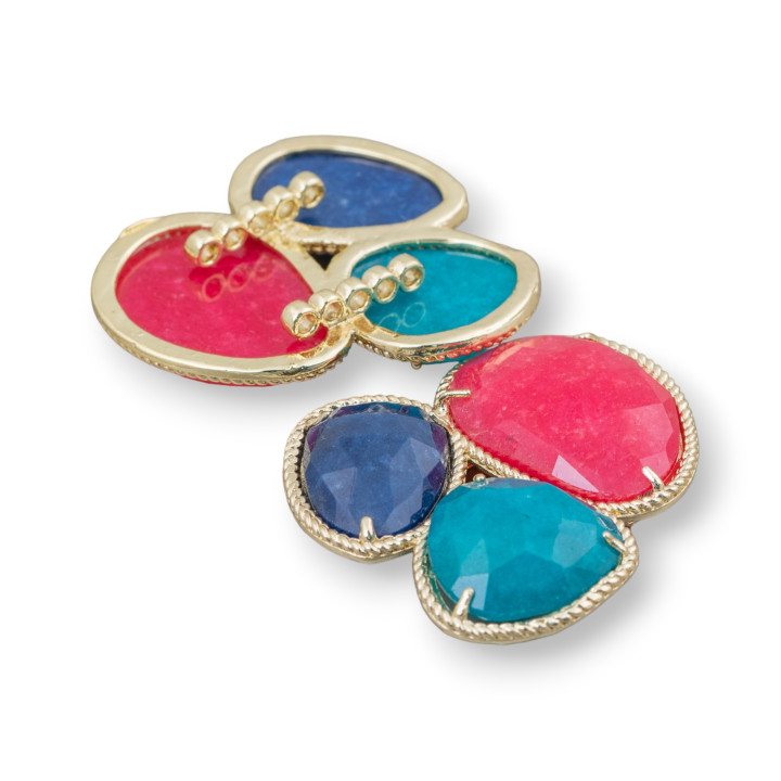 3-Piece Semi-precious Stone Central Component With Brass Base 42x45mm Golden Red, Teal, Blue