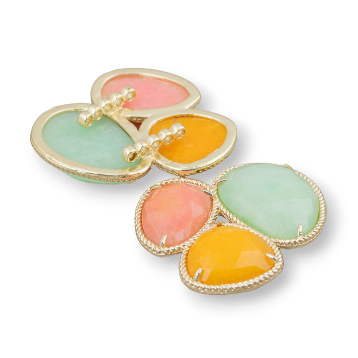 3-Piece Semi-precious Stone Central Component with Brass Base 42x45mm Golden Light Green, Yellow, Peach